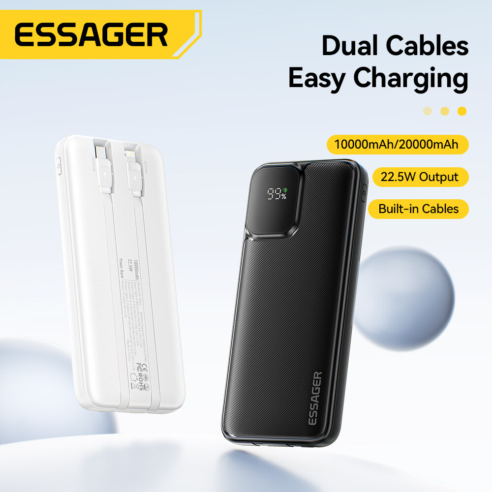 Essager 22.5W sạc dự phòng S 20000mAh Màn hình hiển thị kỹ thuật số được xây dựng trong Loại C Cáp Lightning di động USB-A Type-C pd20w sạc nhanh 10000mAh sạc dự phòng S 4 đầu ra 2 lnputs cho iphone16 15-5 Huawei Samsung máy tính bảng Máy Tính Xách Tay Ta