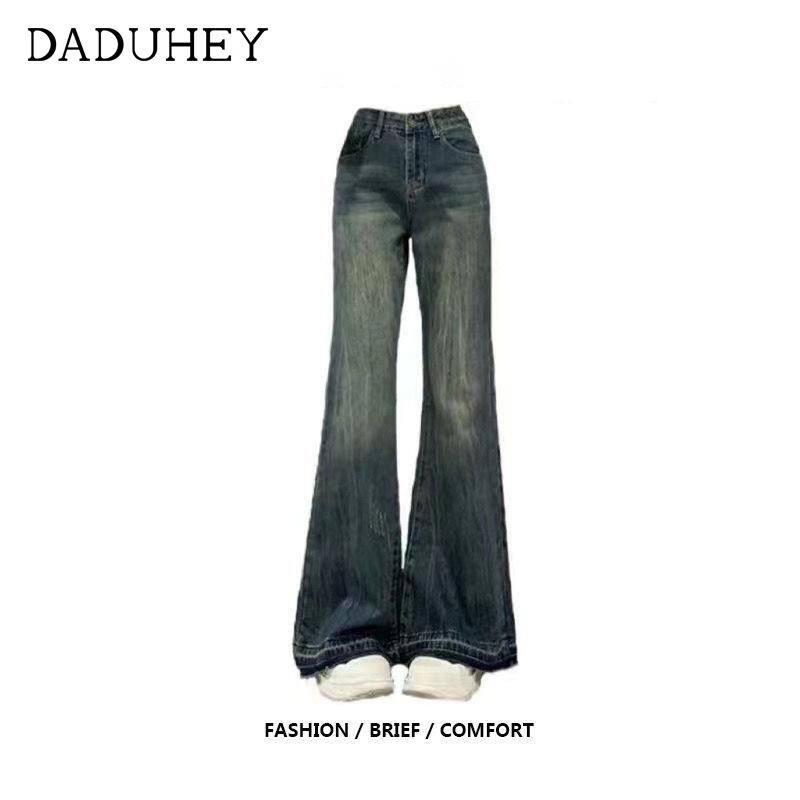  Daduhey-quần ống loe quần loe girl phố Mỹ Retro Mỏng mảnh dẻ quần jean mỏng nữ mùa thu và mùa đông mới cạp cao micro-lớn Quần Ống Loe kéo quần quần dài 