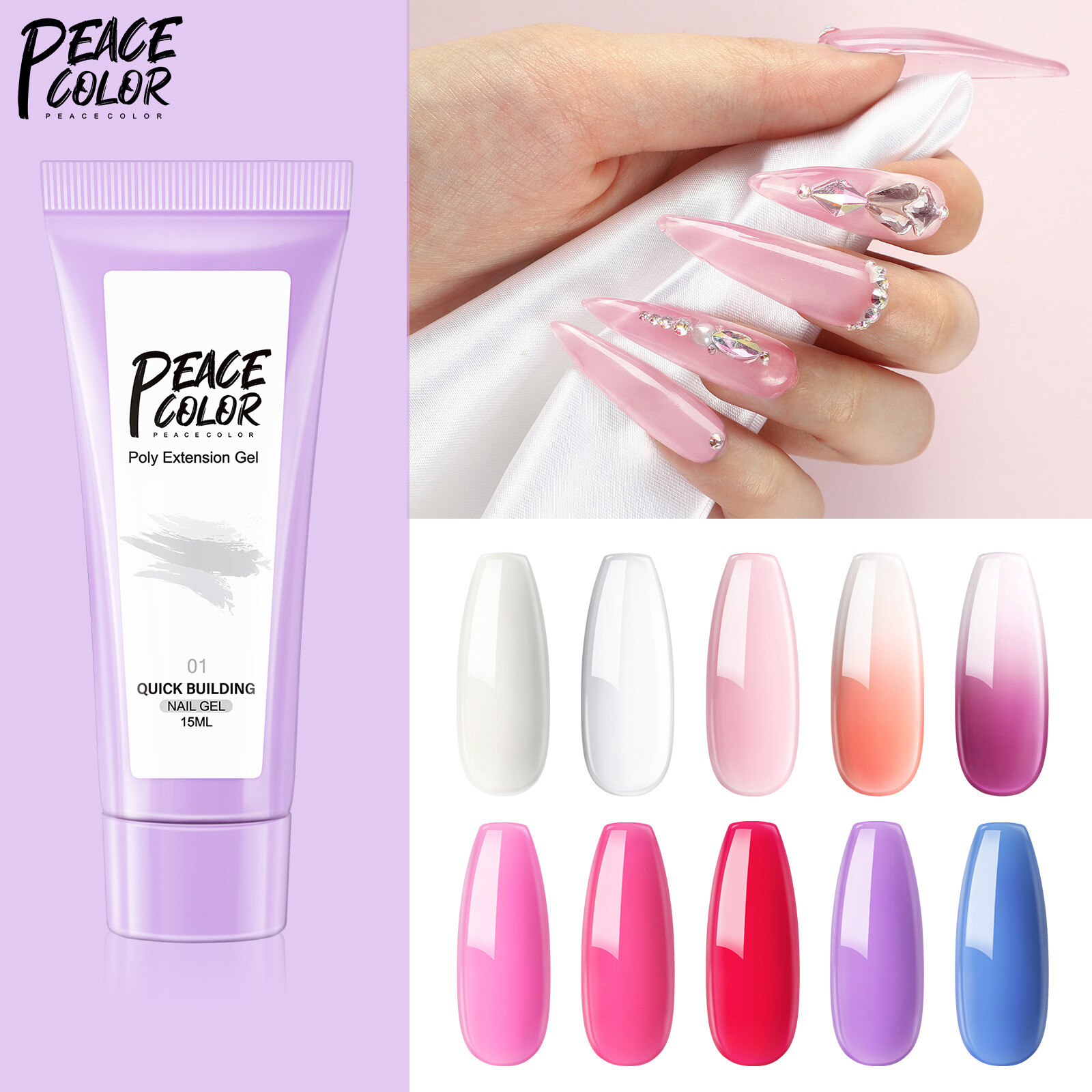 Gel Poly Màu Hồng PEACECOLOR, Gel Tạo Hình Poly 15 ML, Gel Nối Móng Nghệ Thuật Poly Gel Acrylic Cho Tiệm Làm Móng Và Tự Làm