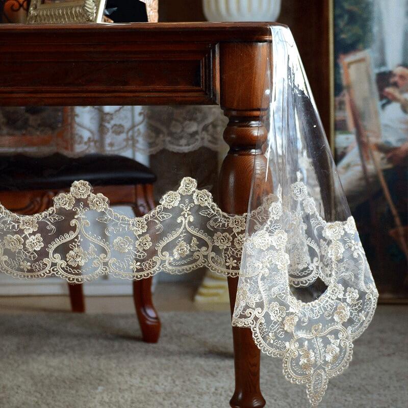 Gambar Elegant PVC Soft Glass Table Cloth Waterproof Oil Proof Transparent Table Mat Tea Tablecloth Crystal Plate Soft Cover Cloth Lace