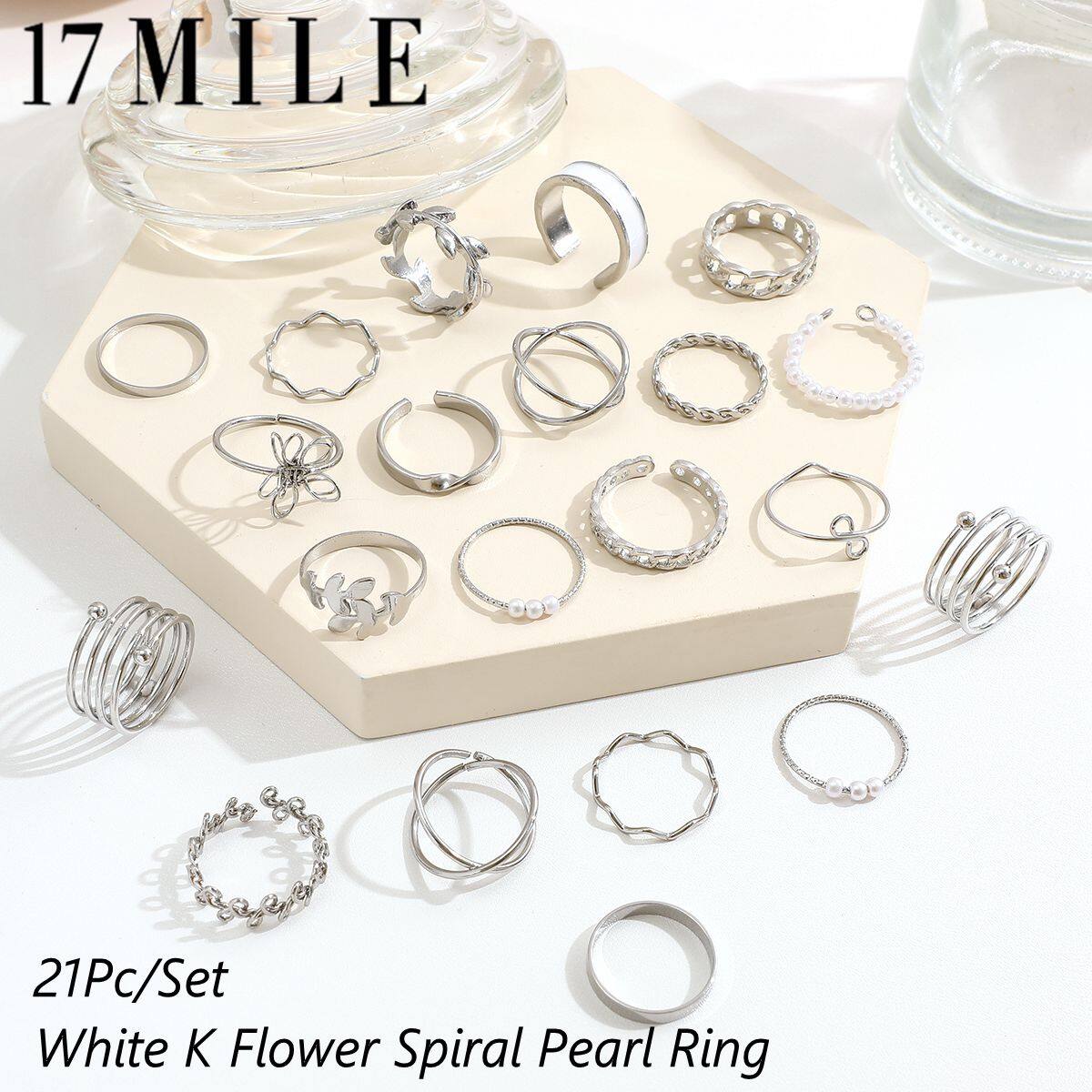 17 MILE 21Pc Set White K Flower Spiral Pearl Ring for Women Accessories