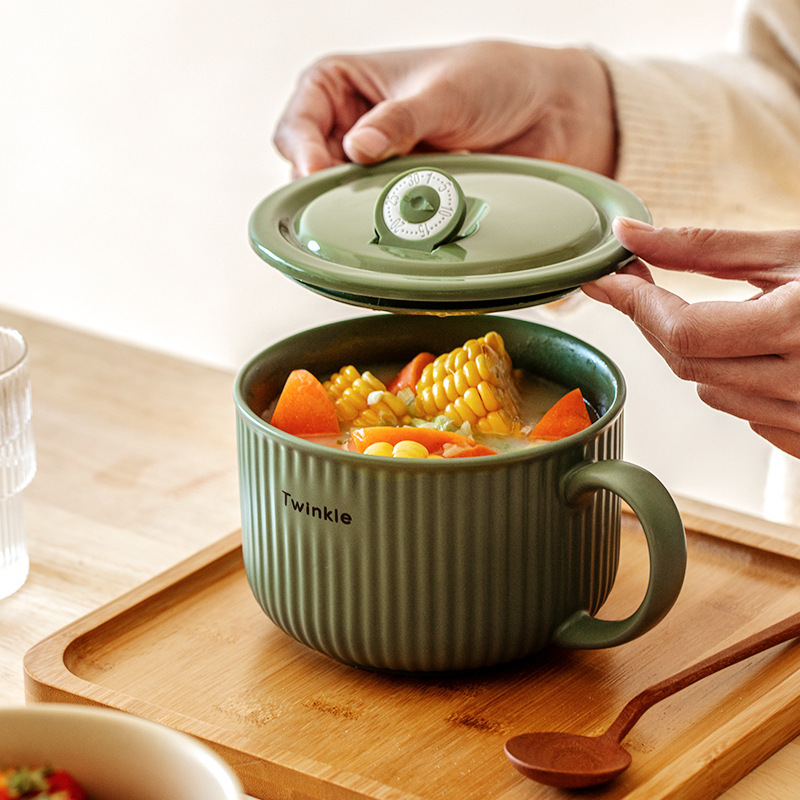 Gambar Ceramic Instant Noodle Cup with Lid Student Dormitory Noodle Bowl with Rice Personal Rice Bowl Soup Bowl Microwaveable