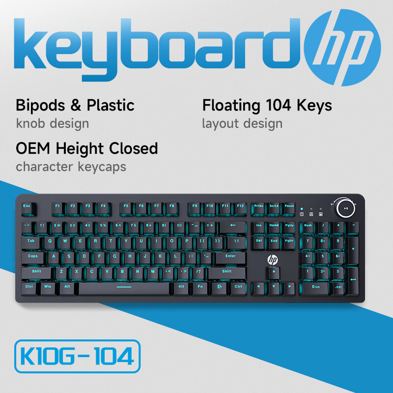 HP Wired Mechanical Keyboard - OEM Height Closed Character Keycaps Bipods & Plastic Knob Design with Hand Cushion K10G-104