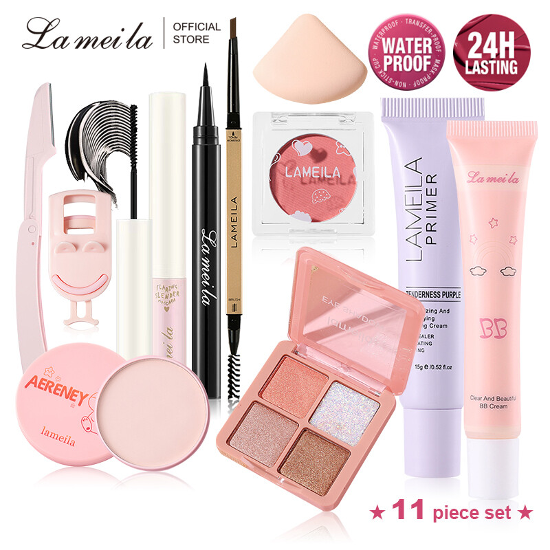 Lameila 11Pcs Makeup Set Cosmetic Kit BB cream+Eyeliner+Eyebrow pencil+Eye shadow+Mascara+Set up powder+Isolation+Powder blusher+Eyebrow knife+Eyelash curler+Powder puff
