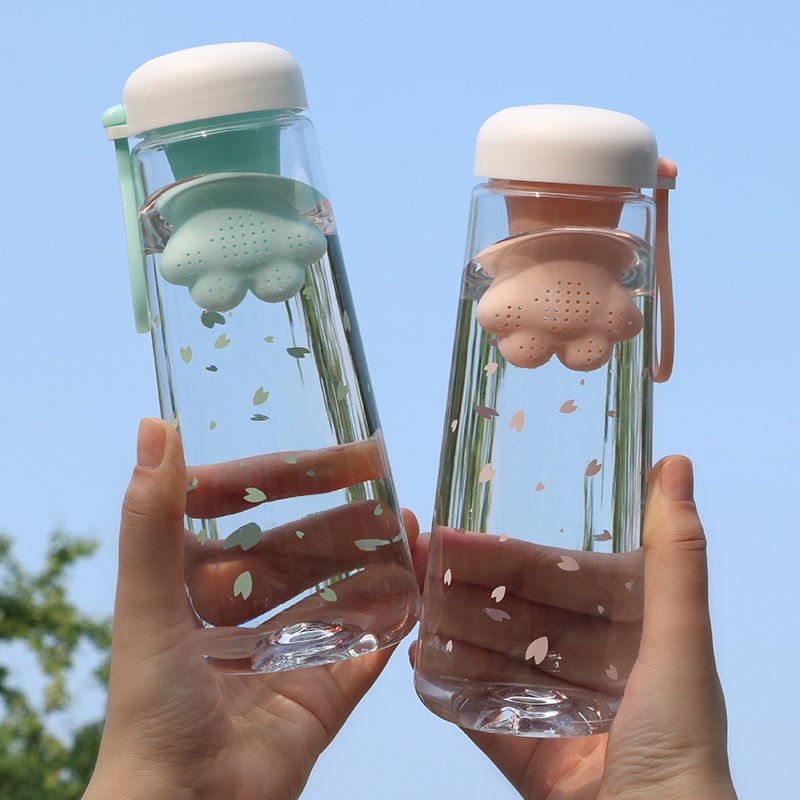 Gambar 550ML Creative Cute Cat Claws With Tea Filter Plastic Cup Kawaii Cherry Blossoms Portable Leakproof Sports Water Bottle for Girl
