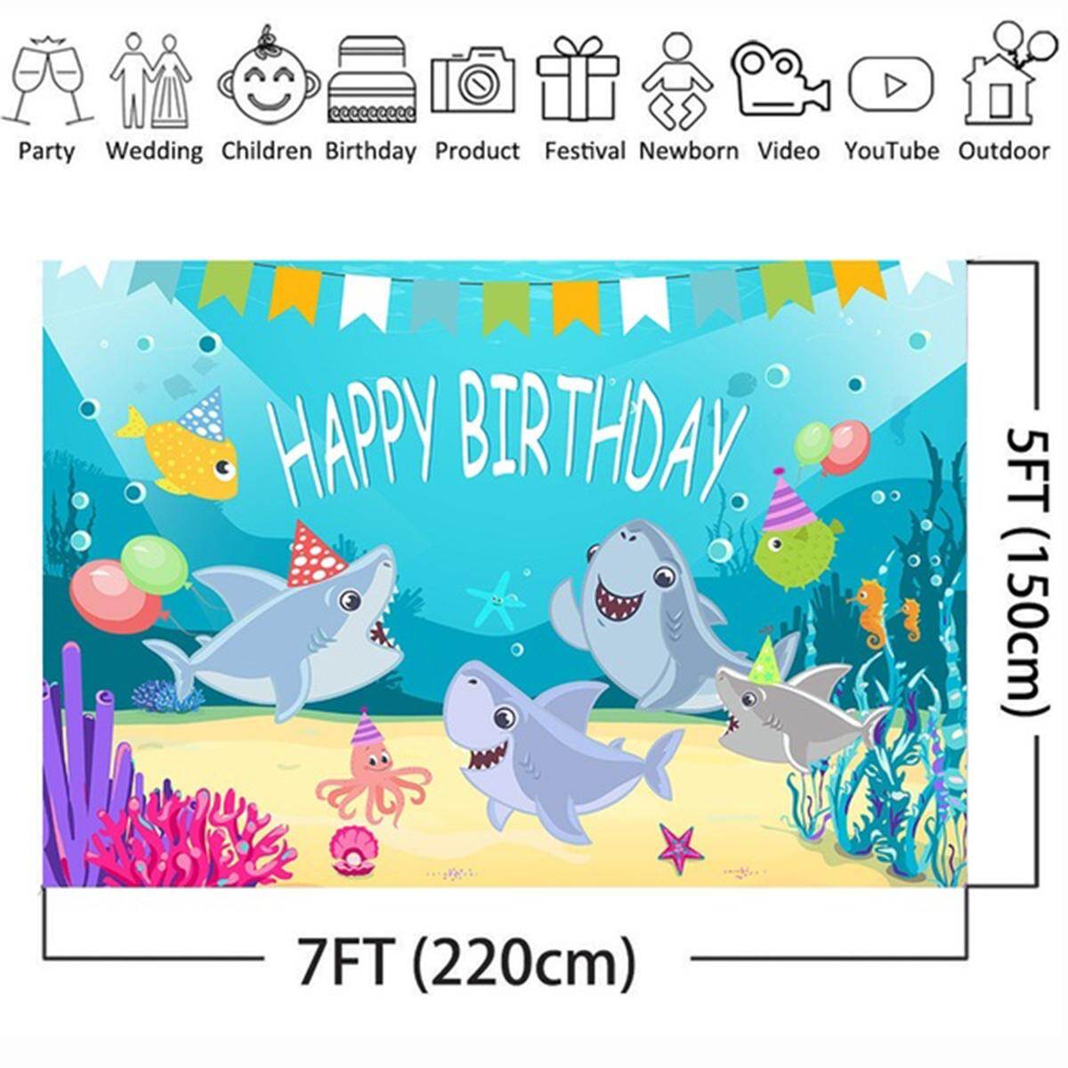 150x100cm 220x150cm Baby Shark Backdrop For Photography Happy