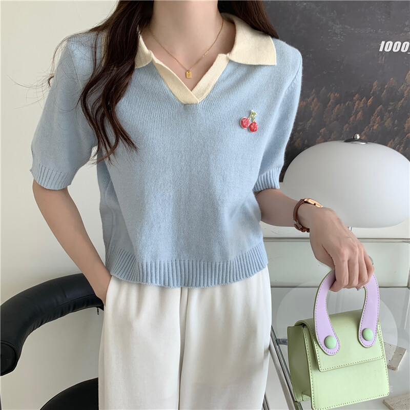 Missliu áo dệt kim cổ chữ v màu xanh dương thơm nhỏ thời trang cho nữ mùa hè 2023 kiểu pháp quần sóoc sang trọng màu tương phản ngắn tay áo dệt kim