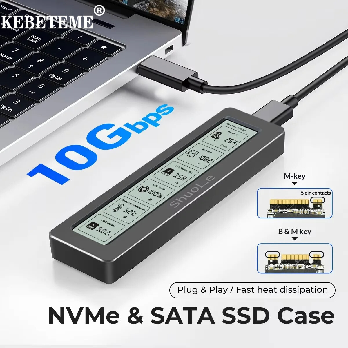 KEBETEME M.2 NVME/NGFF Dual Protocol SSD Enclosure with Display Screen USB Type C SSD Adapter for NVME PCIE NGFF SATA SSD Disk Box ราคา 583 บาท*ส่งฟรี