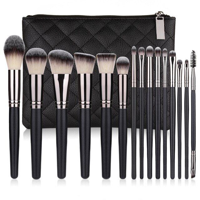Gambar Makeup Brushes 15Pcs Make Up Set Kit Tools Black Synthetic Hair Face Eye Blending Contour Professional Makeup Brush Set