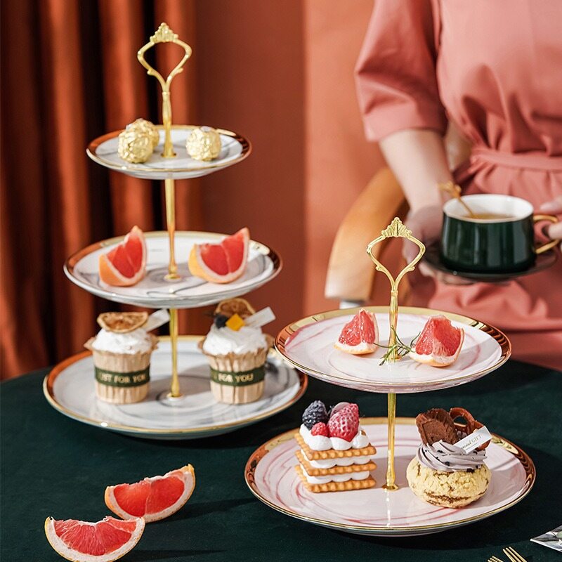 Gambar Tea Art Ceramic Creative Fruit Plate European Style Three Layer Snack Shelf Afternoon Tea Double Plate Fruit Plate Cake Shelf