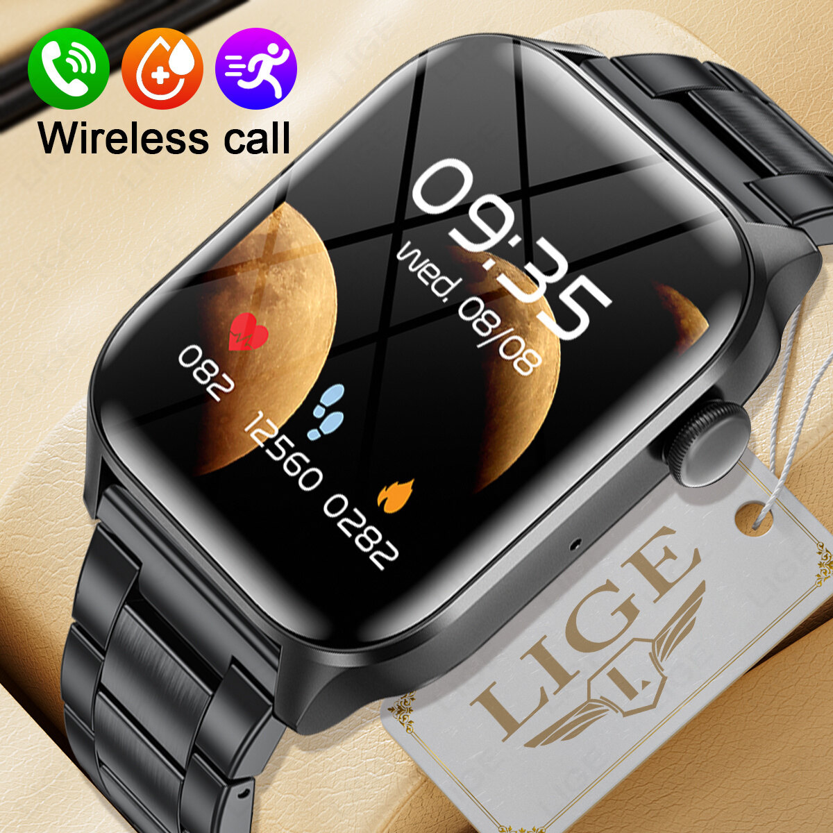 LIGE 1.85'' Full Touch Screen Bluetooth Call Smart Men Watches Waterproof Blood Oxygen Monitoring/Pressure Monitoring Fitness Women Watch + Box