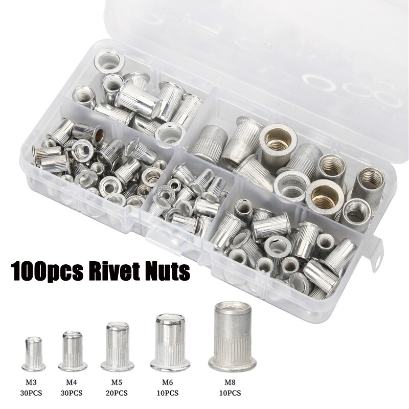 100pcs M3 M4 M5 M6 M8 hạt đinh tán bằng thép không gỉ nhôm phẳng đầu đinh tán Bộ đai ốc chèn reveting đa kích thước đinh tán hạt đóng hộp