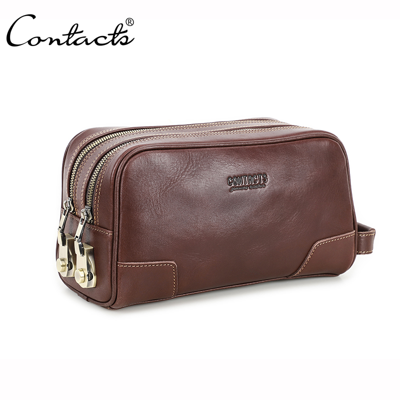CONTACT'S Genuine Leather Clutch Bags for Men Double Code Lock Design Male Tote Handbags Large Capacity Men Travel Bags