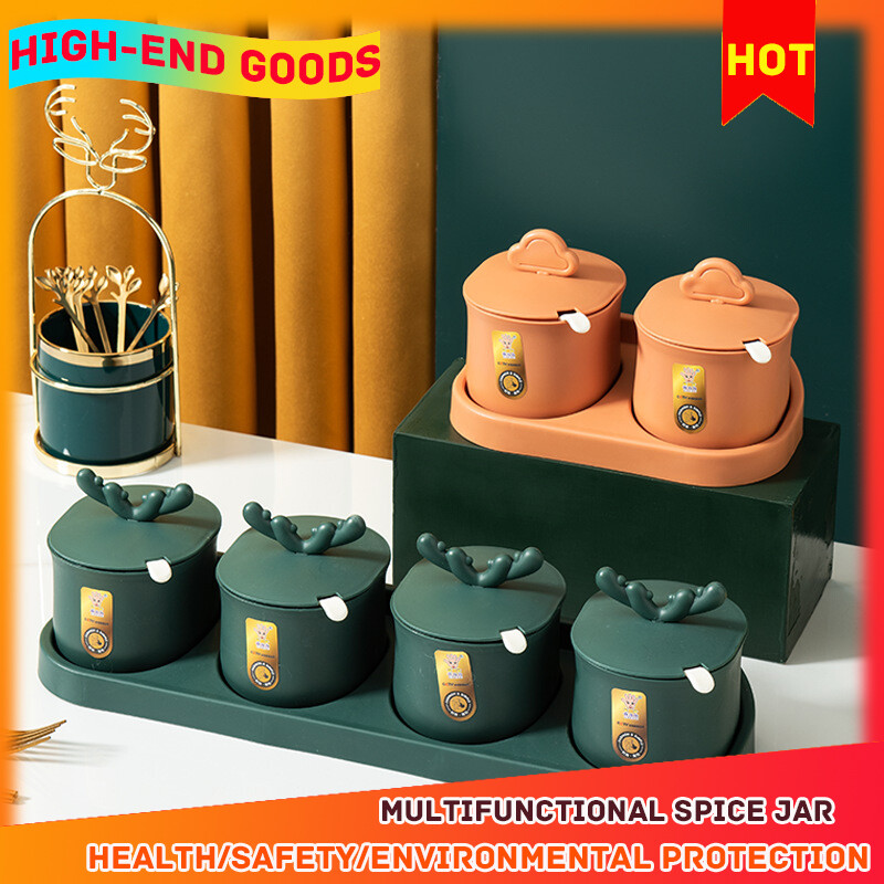 Gambar [100% Quality Assurance] Light Luxury Plastic Wall mounted Seasoning Box Jar Salt Monosodium Glutamate Jar Kitchen Seasoning Box Household With Lid