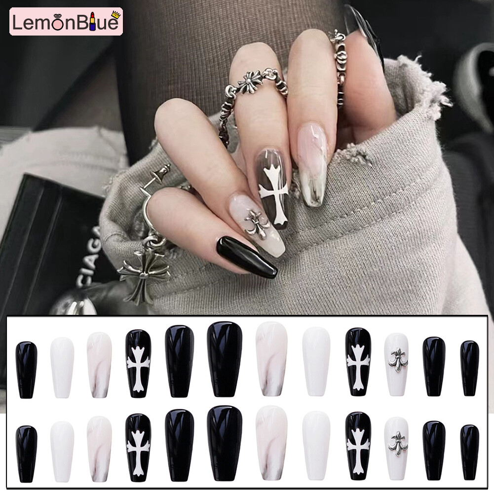 Gambar LemonBlue 24PCS Dark Style False Nails Long Press On Nails Elegant Fingernails Stickers Artificial Nails Jelly Gel Glue Type Manicure Salon DIY Art Removable Save Time