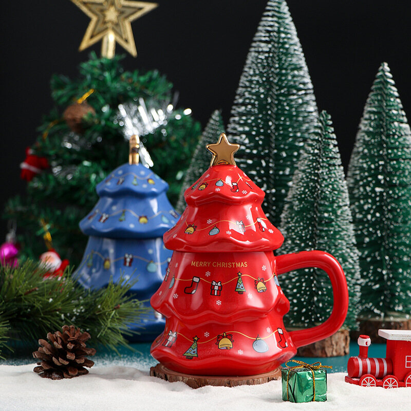 Gambar Ceramic Cup Christmas Tree Shape Mug with Lid Holiday Water Cup Coffee Cup Couple Gift Cup