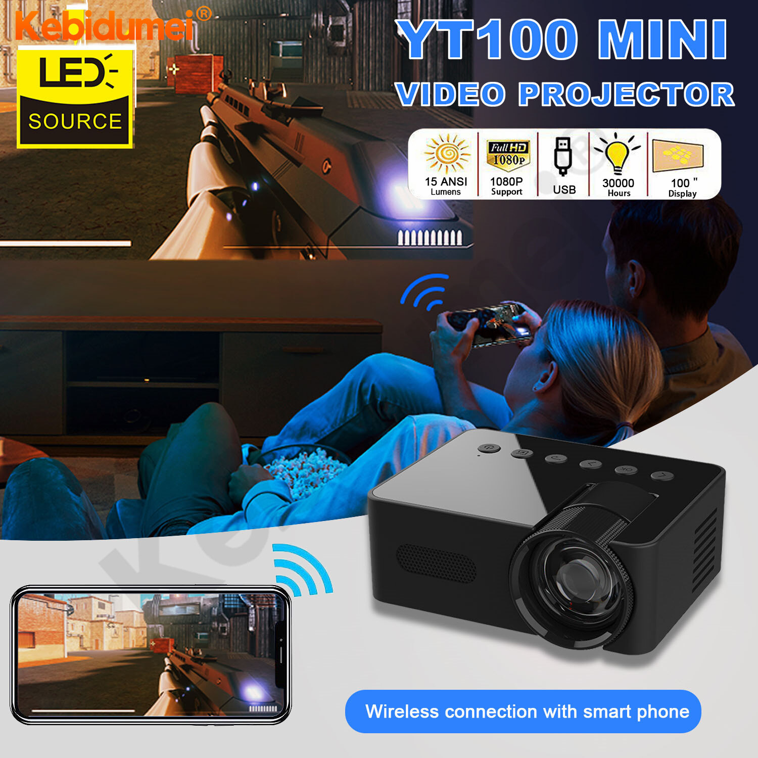 Kebidumei Mini Android Wifi Smart Portable Projector 1080P Full HD Office Home Movie Video Wireless Same Screen Projector Giá  750,314 Đồng*Miễn phí vận chuyển
