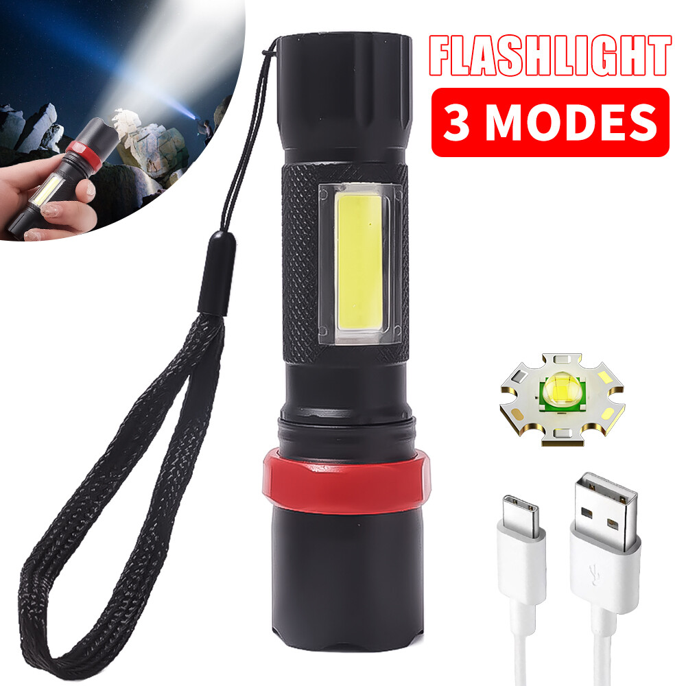Đèn pin đèn pin led cầm tay có thể sạc lại usb đèn flash thu phóng pin tích hợp đèn pin khẩn cấp chống nước 3 chế độ
