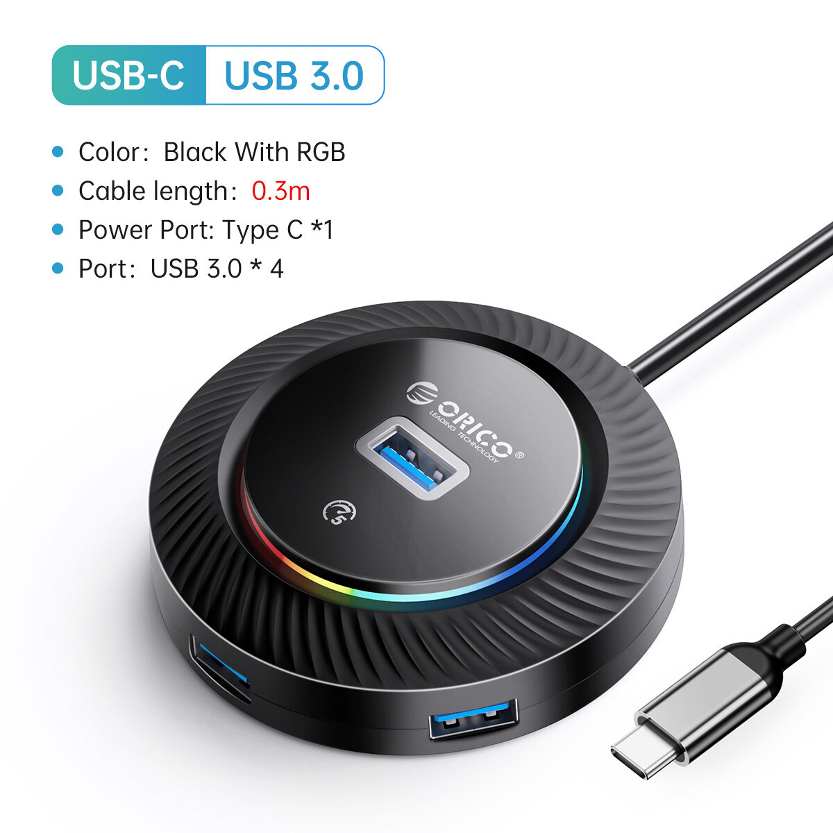 ORICO mini Vòng RGB USB 3.0 HUB với Loại C Cổng nguồn 5Gbps tốc độ cao đa Splitter Bộ chuyển đổi OTG