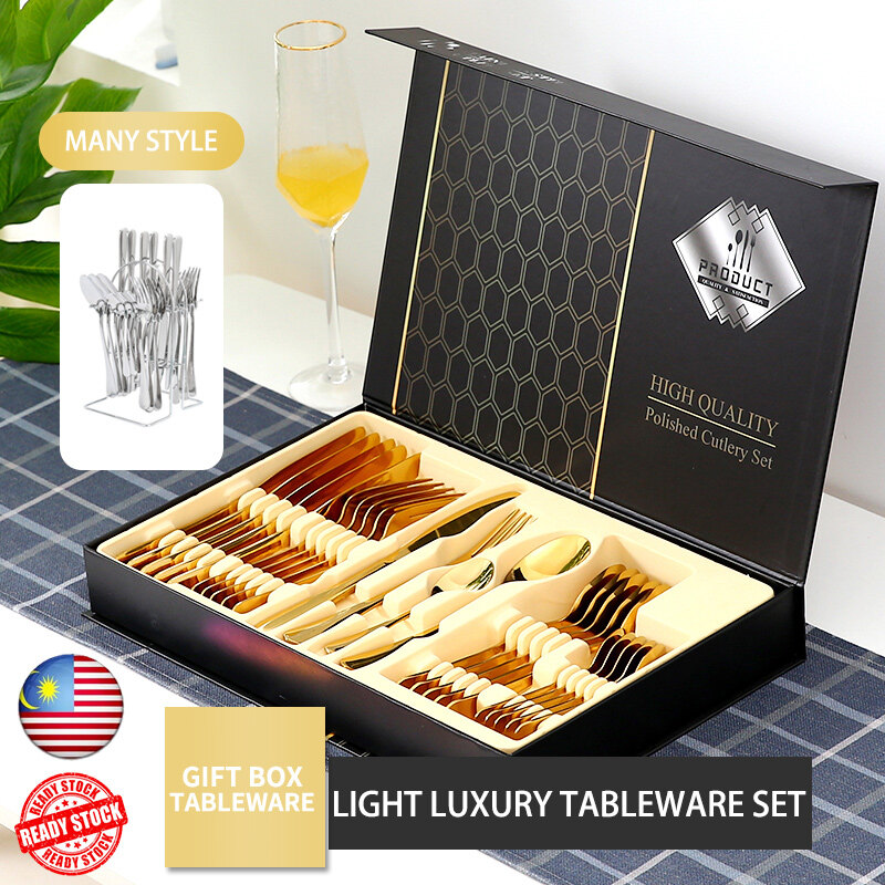 Gambar 24 Pcs Luxury Steak Knife Fork Spoon 410 Stainless Steel Nordic Style Tableware Garpu Gift Box