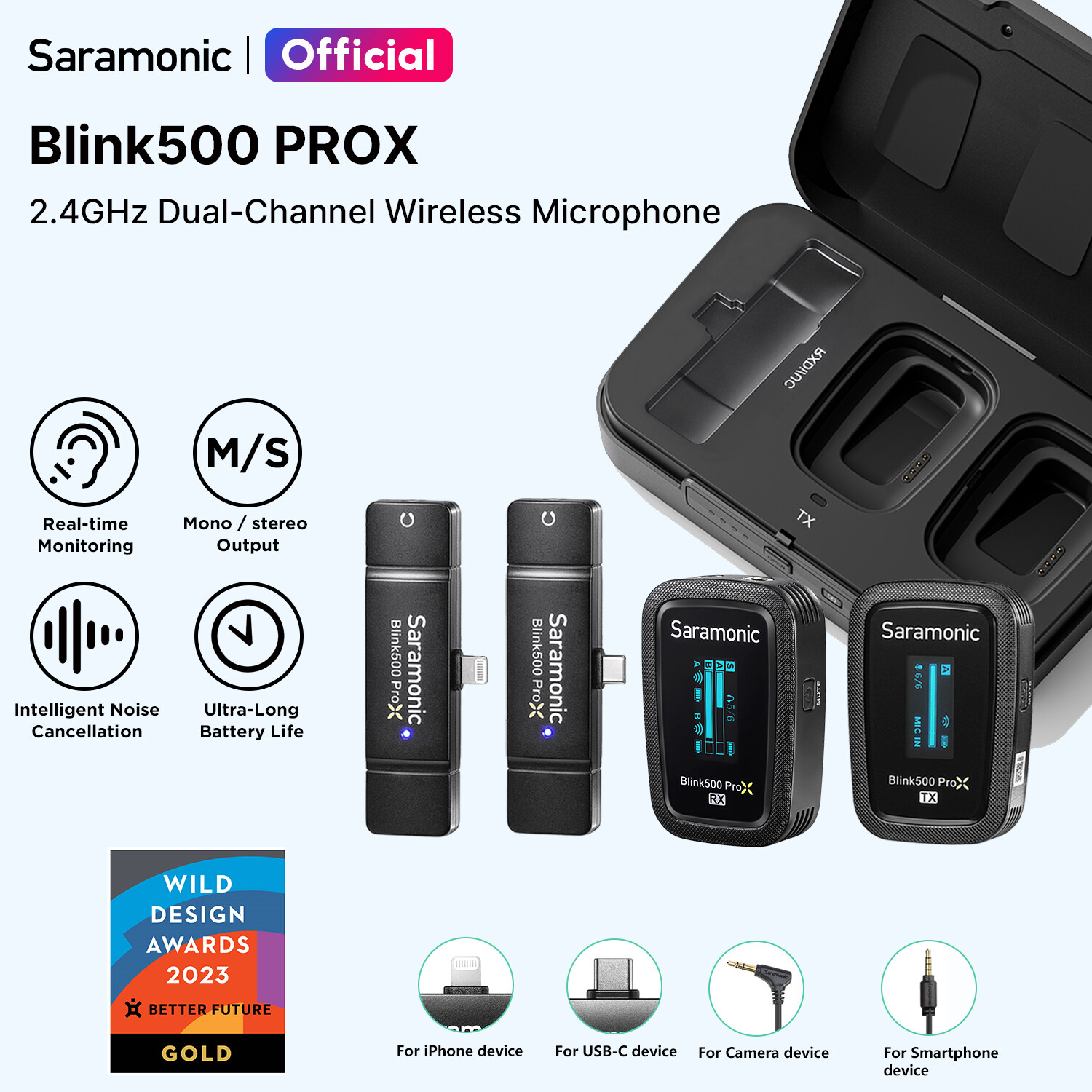 Saramonic Blink500 ProX Series Wireless Microphone with 10h Battery Life Charging Case Lapel Mini Microphone for Vlogging Podcast Streaming Cameras DSLR iPhone Android iPhone15 Laptop Youtube TikTok ราคา 6,300 บาท*ส่งฟรี