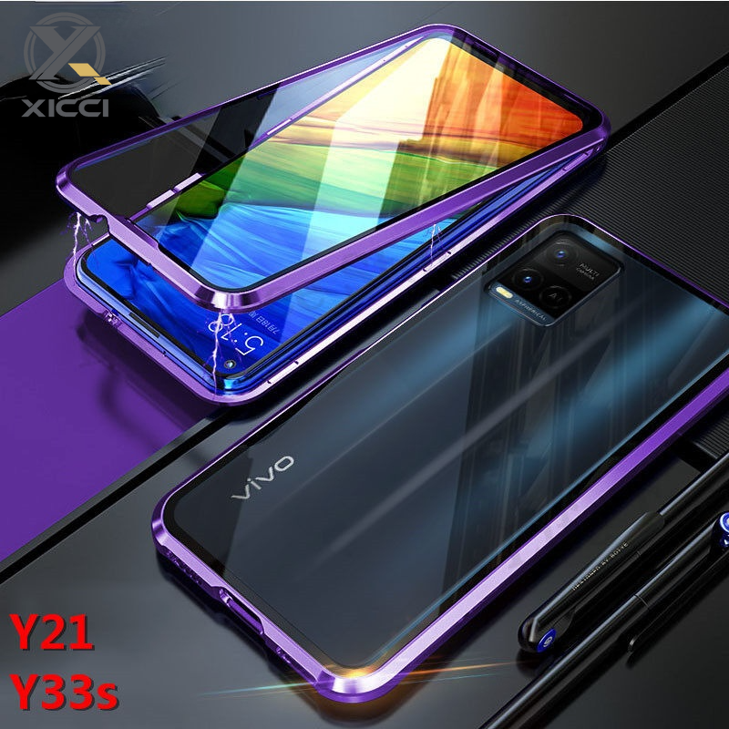 XICCI Cho Mặt Kính Đôi Ốp Lưng Kim Loại Hút Từ Tính Cho Vivo Y21 Y21S Y33S Vỏ Điện Thoại Vỏ Kính Cường Lực Mỏng 2 Trong 1 Khung Nhôm Vỏ Bám Hút Nam Châm
