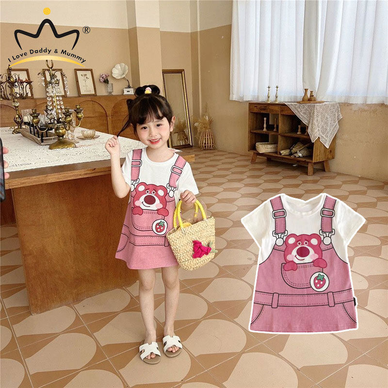I LOVE DADDY&MUMMY 1-3Y Korean Pink Strawberry Bear Baby Girls Dress Fake
