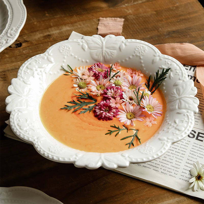 Gambar French Embossed Soup Bowl Butterfly Flower Soup Bowl Large Household Pasta Noodles Embossed Ramen Large Bowl