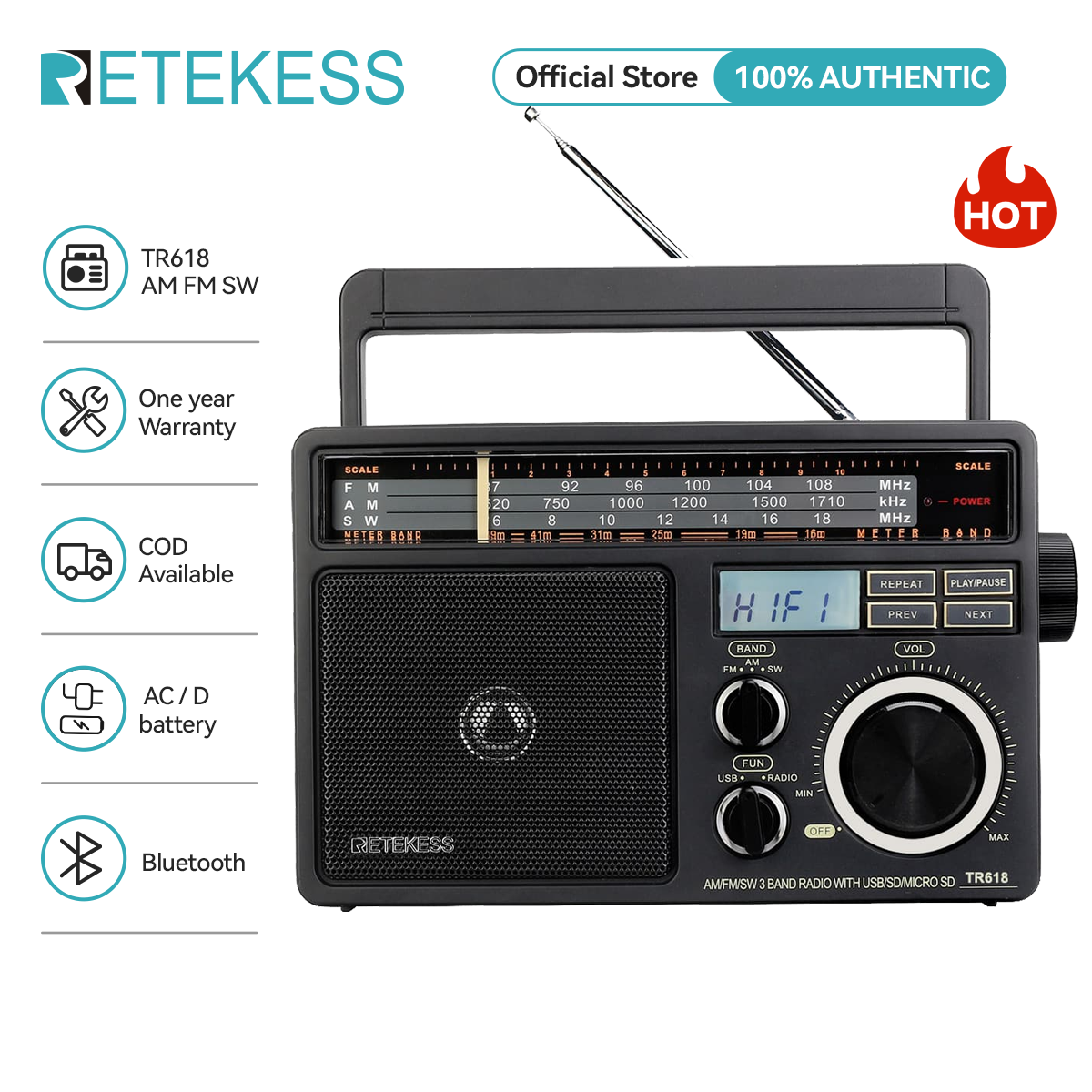 Retekess TR618 Portable AM FM SW Radio, Ultra-long Battery Life, High-quality Radio, Best Reception Radio, Supports SD, TF, USB, Suitable for Family and Elderly Use ราคา 1,312 บาท*ส่งฟรี