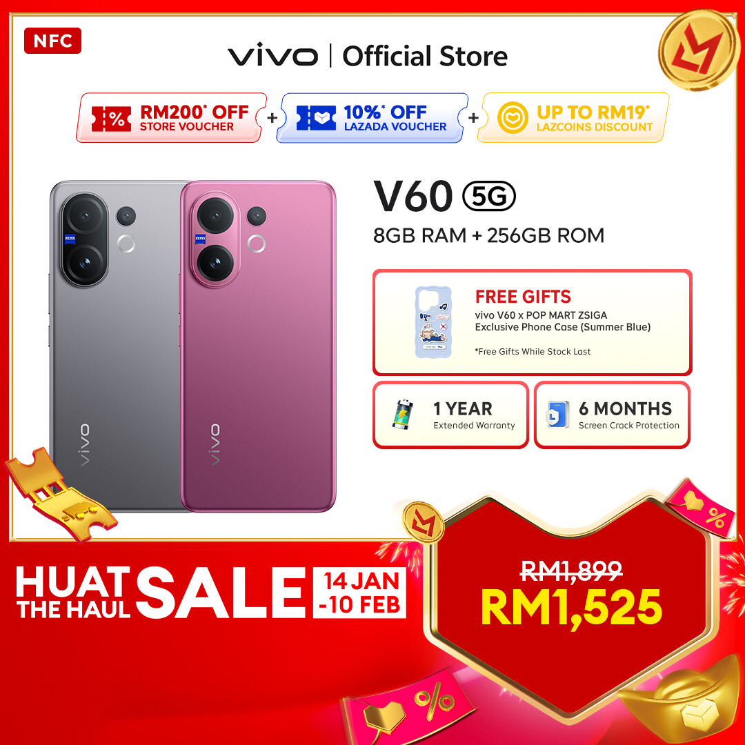 【READY STOCK】Online Promo vivo V60 5G 16*(8+8)GB+256GB | 50MP ZEISS Super Telephoto Camera | ZEISS Multifocal Portrait | IP69 | 6500mAh+90W FlashCharge | 10X Stage Style | AI Block Spam Calls | AI Superlink ZEISS Portrait So Pro Harga  1,934 Ringgit*Penghantaran Percuma