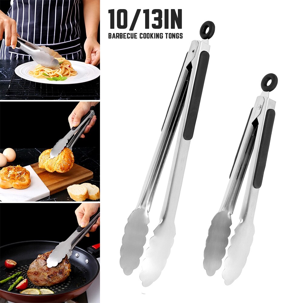 Gambar BBQ Grilling Tong Salad Bread Serving Tong Non slip Cooking Clip Clamp Stainless Steel Kitchen Tools Cooking Food Serving Tong
