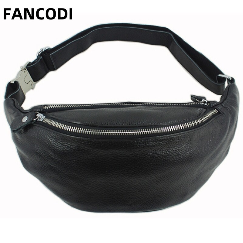 Fancodi fashion genuine leather waist bag men fanny pack leather belt bag waist packs bum bag pouch chest pack small black m046