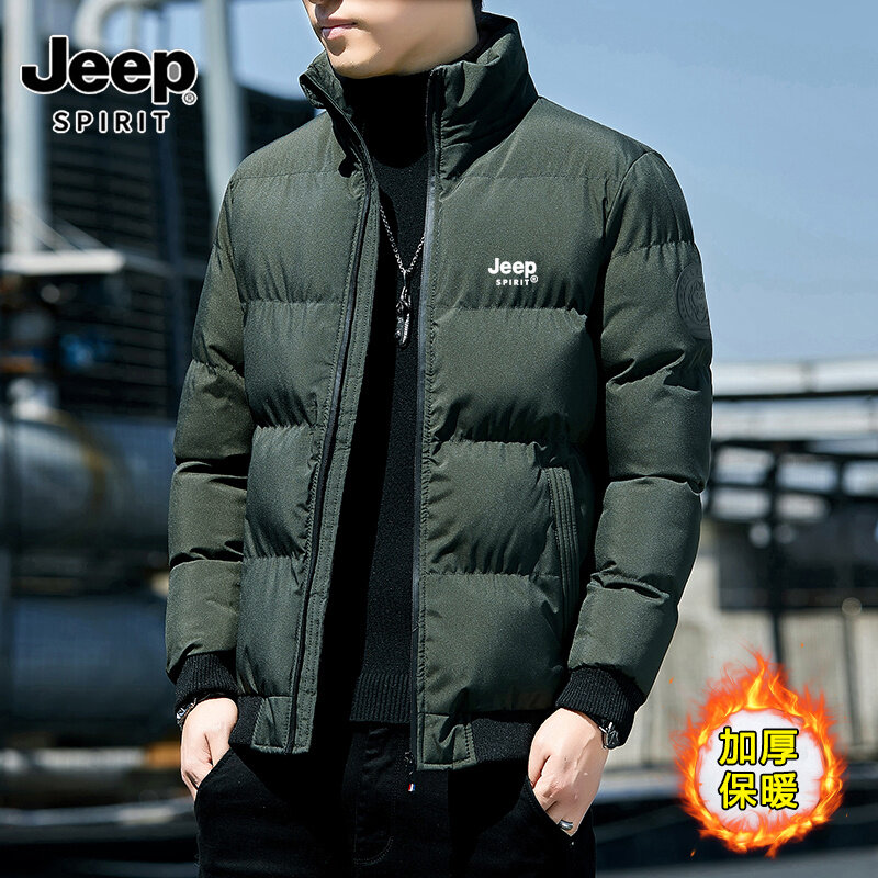 Jeep tinh thần trơn mới đứng cổ áo nam chắn gió bông độn áo khoác lông vũ ấm dày người đàn ông Parka nam đơn giản mùa đông outwear 2024