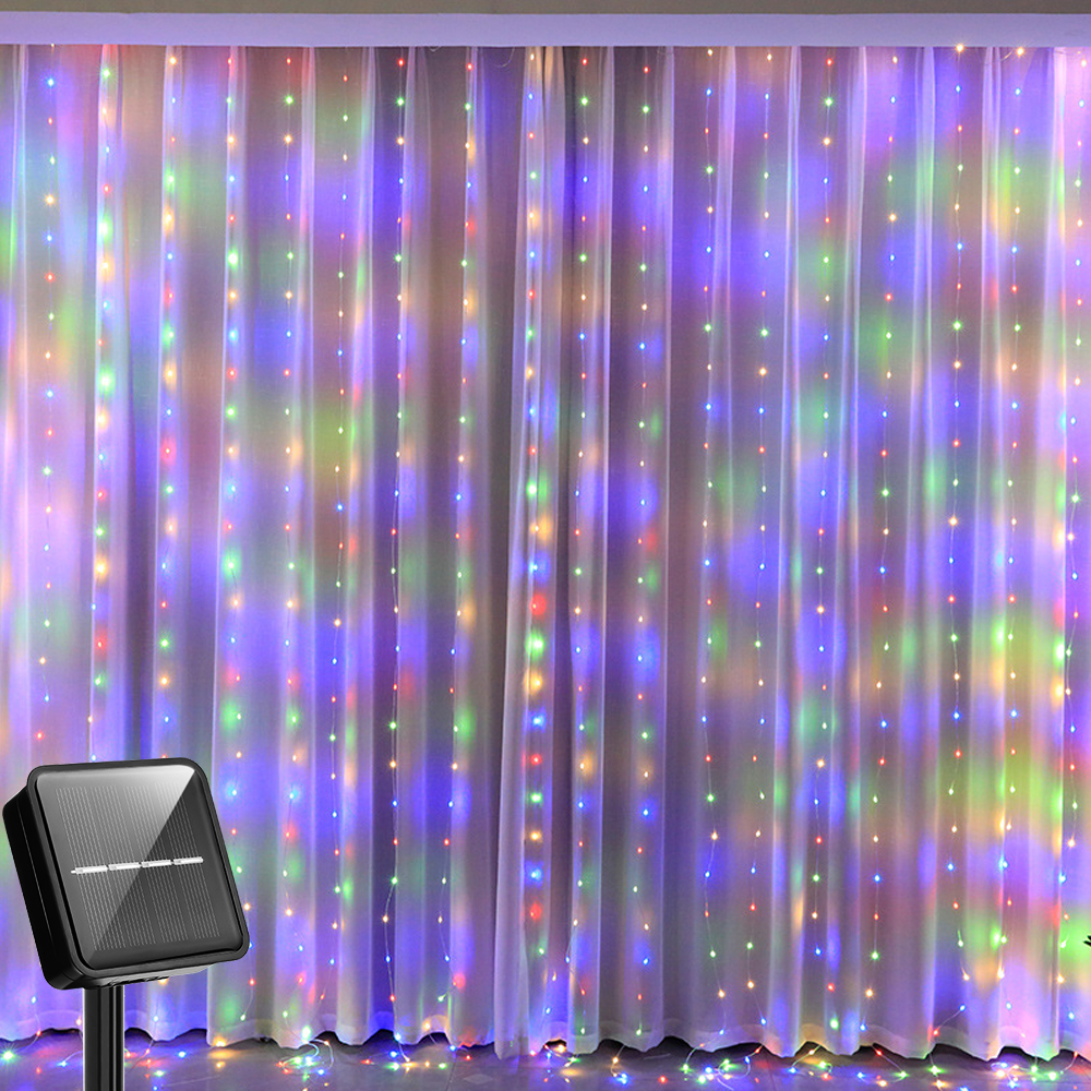 Outdoor solar silver curtain light with 8 modes 300LED 200LED 100LED waterproof Christmas light Fairy LightsRamadan Lamp wedding holiday birthday xmasbedroom window party courtyard garden decoration light string