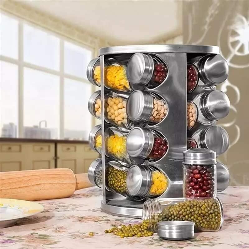 Spice Rack Revolving Stainless Steel Seasoning Storage Organizer Spice Carousel Tower for Kitchen Set of 16 Jars 