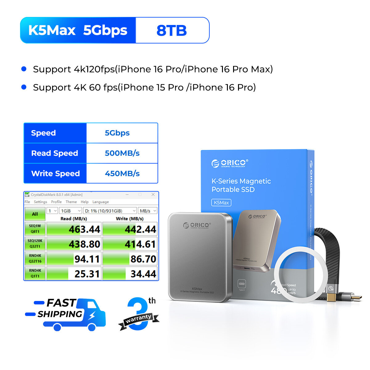 ORICO Snap Drive di động SSD 2TB 4TB 8TB dữ liệu lớn xử lý dễ dàng 2GB trong 3S cơ thể kim loại nhiệ