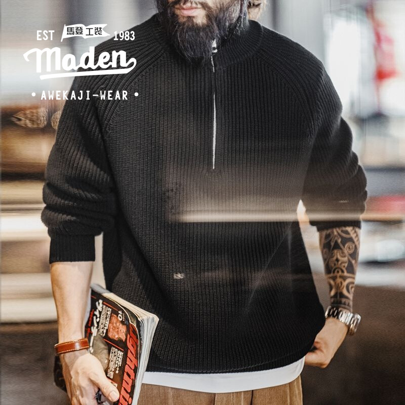 Maden Thương Hiệu Quần Áo Lao Động Phong Cách Thanh Niên 2024 Mùa Thu phong cách mới phong cách Đại Học Retro khoá kéo nửa Đứng lên áo len có cổ Áo Thun Cơ Sở cổ cao Áo len dệt