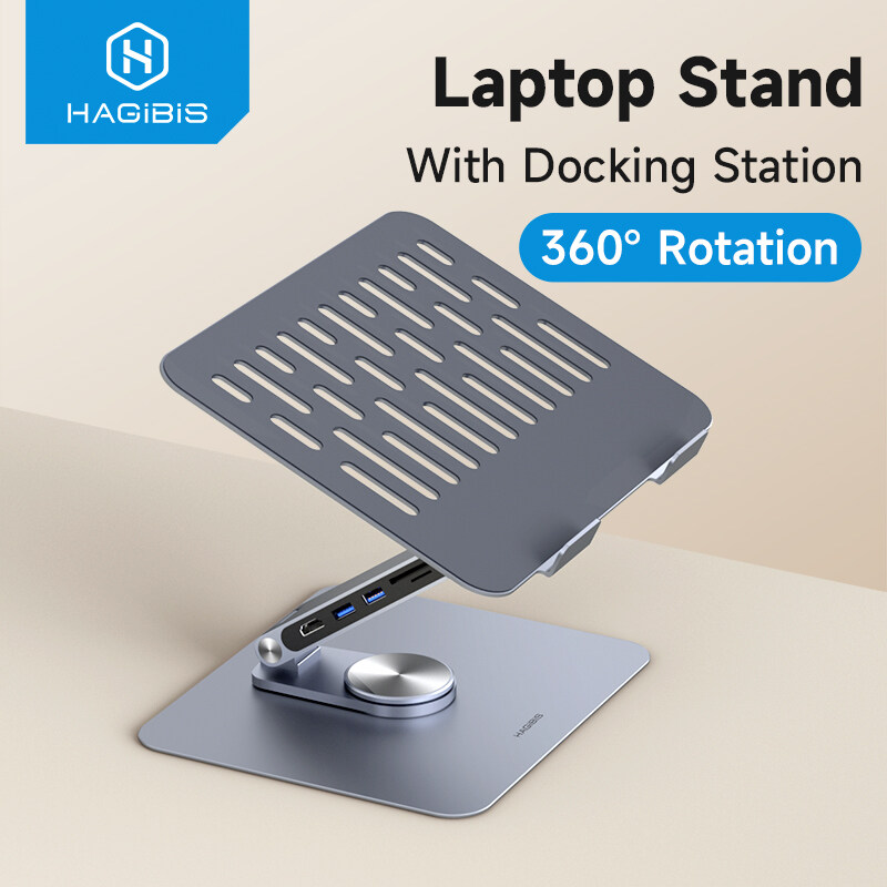 Hagibis 360 Rotation Adjustable Aluminum Laptop Stand For Desk With USB C Dock 8 Port 4k HDMI USB 3.0 5Gbps High Speed Transmission PD 100W Expansion Ergonomic Laptop Riser USB C Hub For Macbook iPad Pro iPhone 16/15 Pro Max Windows Notebook