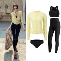 LYSEACIA 4 Piece Women Modest Swim Wear Outfit UV Protective Surfing Swimsuit Rash Guard Zip Yellow Long Sleeve Top Racerback Sports Bra High Waisted LeggingsBikini Bottom Stretchy Quick-Dry Swimwear Beach Sport