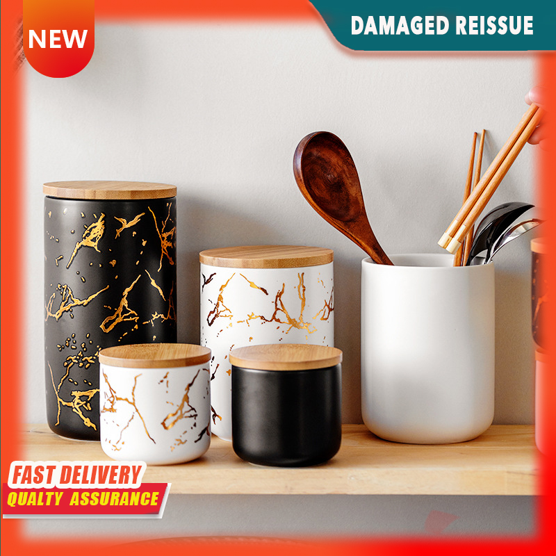 Gambar Ceramic Wooden Lid Sealed Jar Tea Coffee Jar Kitchen Moisture proof Storage Snack Storage Jar