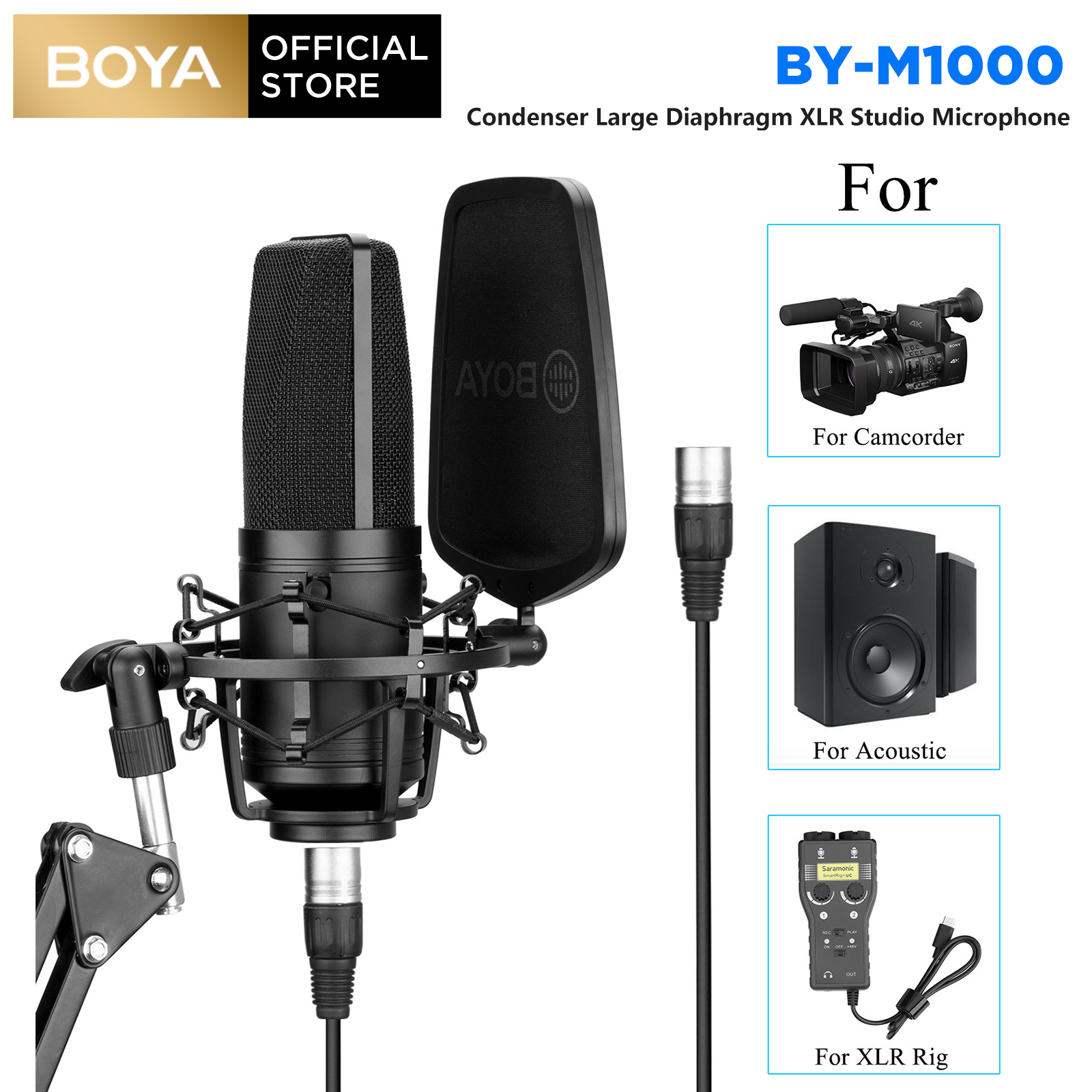 Boya by-m1000 micro điện dung phòng thu màng lớn 24v 48v công suất ảo để ghi âm giọng hát podcast micrô hát phát thanh