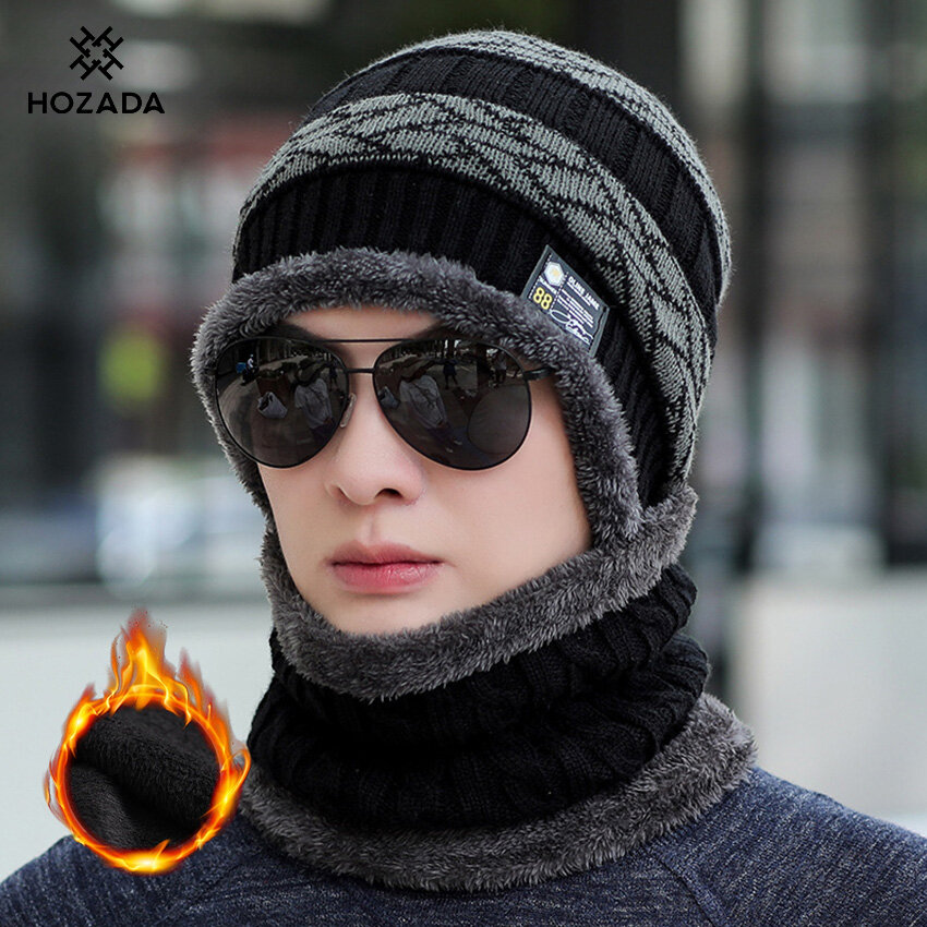 HOZADA Winter Knitted Hats Scarf Set Cold Scarf Knitted Wool Hats Plush Lining Warm Scarf Beanie Wool Hats Cycling Hat with Thick Knitted Cap Scarf ราคา 173 บาท*ส่งฟรี