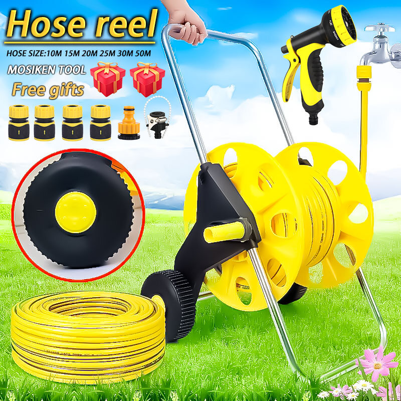 Garden Hose Reel Heavy Duty Floor Mounted Hose Reel Cart Adjustable Garden Watering Nozzle Car Washing Hose 50m Harga  65 Ringgit*Penghantaran Percuma