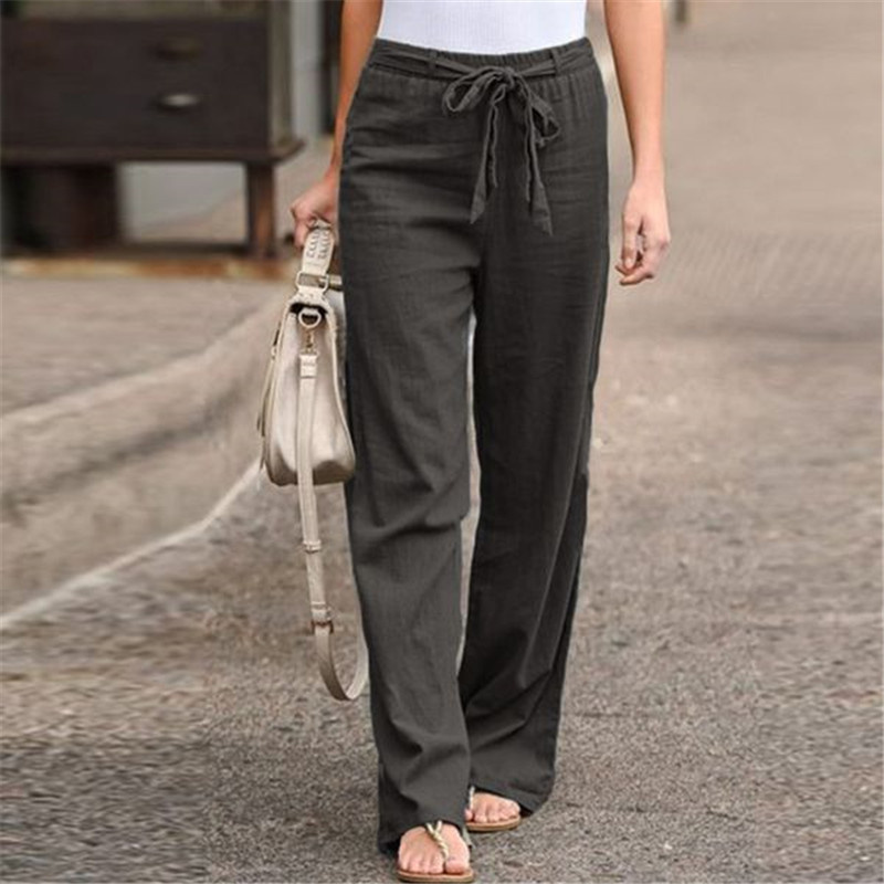 Women Summer Harajuku Solid Wide Leg Pants with Belt Casual Linen Cotton  Elastic Waist Straight Trousers | Lazada PH