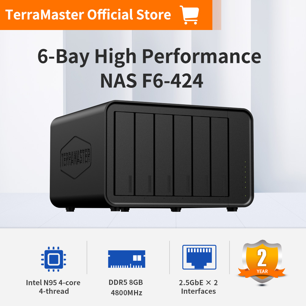 อุปกรณ์จัดเก็บข้อมูล TerraMaster F6-424 อุปกรณ์จัดเก็บข้อมูล NAS 6Bay – CPU Quad-Core N95, RAM 8GB DDR5, พอร์ต 2.5GbE คู่, อุปกรณ์จัดเก็บข้อมูลที่เชื่อมต่อกับเครือข่ายพร้อมปลั๊ก US ประสิทธิภาพสูง (ไร้ดิสก์) ราคา 22,720 บาท*ส่งฟรี