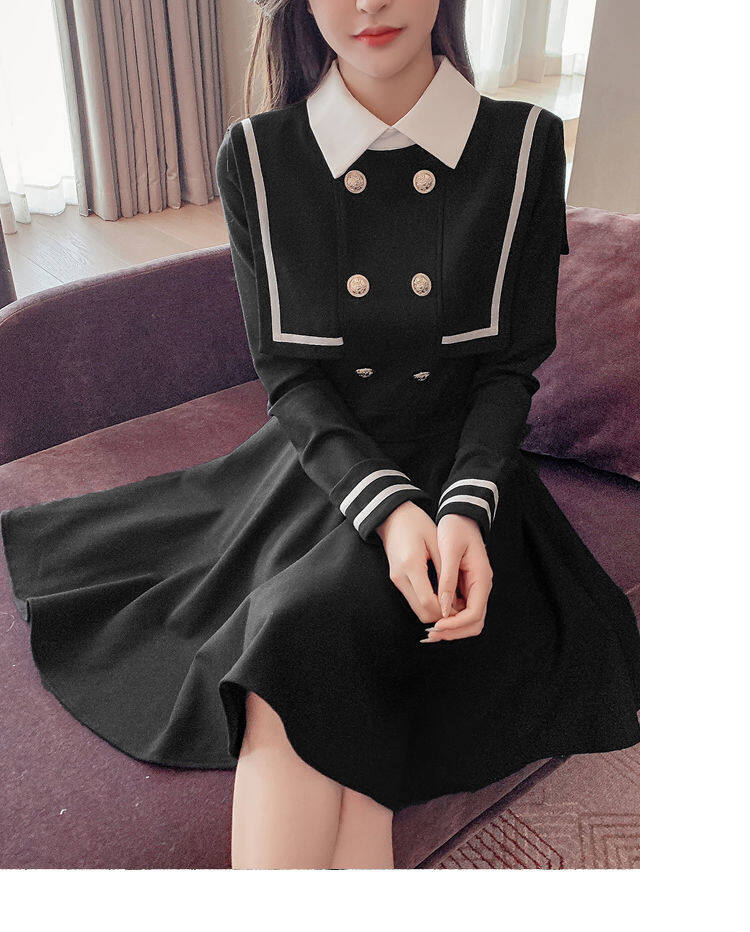 Navy style dress for women 2021 Spring and Autumn new small waist-tight temperament contrast color college style long sleeve A- line dress