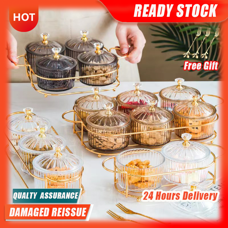 Gambar ?? 24 Hours Delivery??Nordic Dried Fruit Dish Snack Dish Transparent Round Fruit Dish Snack Tray Wrought Iron Box with Lid