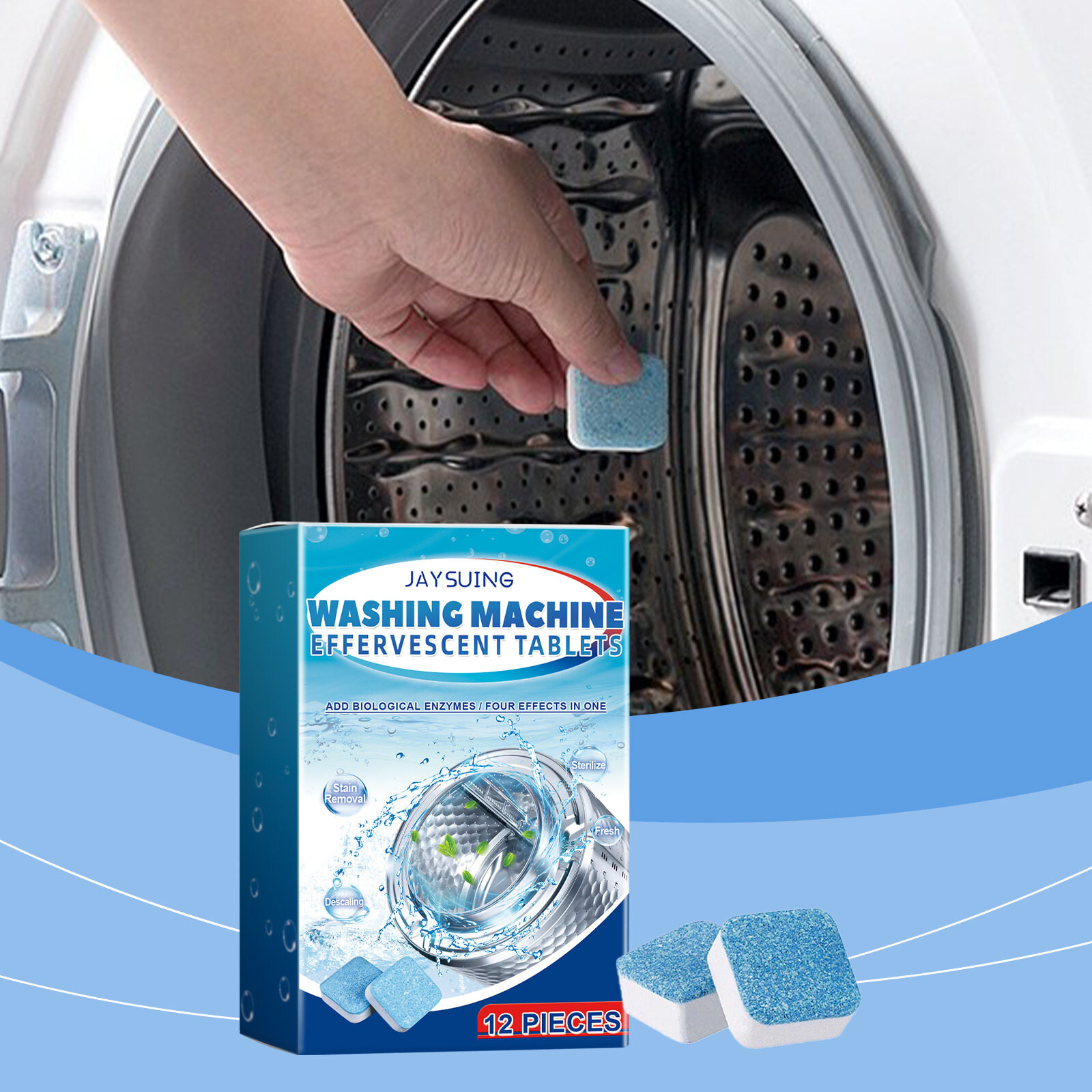 Jaysuing Washing Machine Cleaner Descaler 12 Pack-Deep Cleaning Tablets For HE Front Loader & Top Load Washer,Clean Inside Drum Washer Machine Cleaner Effervescent Tablets for Washing Cleaning Sodium Carbonate ราคา 233 บาท*ส่งฟรี