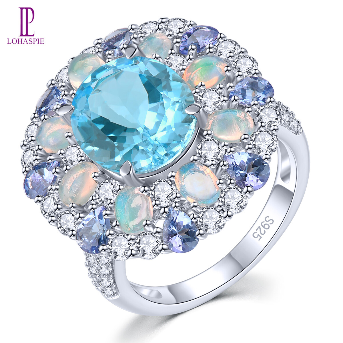Lohaspie Jewelry Pure 8 Carats Ring Silver 925 Original Natural Sky Blue Topaz Opal Ring 925 Silver Ring With Stone Blue Topaz Ring Silver Opal Stone Original Women Fashion Ring Jewelry ราคา 2,816 บาท*ส่งฟรี