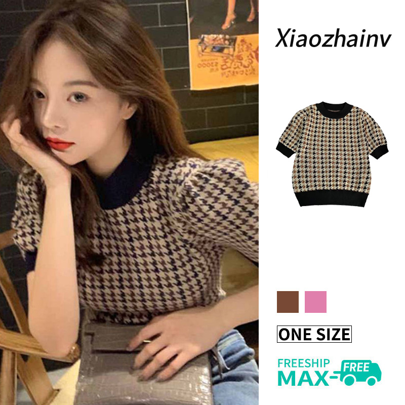 Xiaozhainv Áo Tay Phồng Houndstooth Cổ Điển Phong Cách Hàn Quốc Áo Croptop Nữ